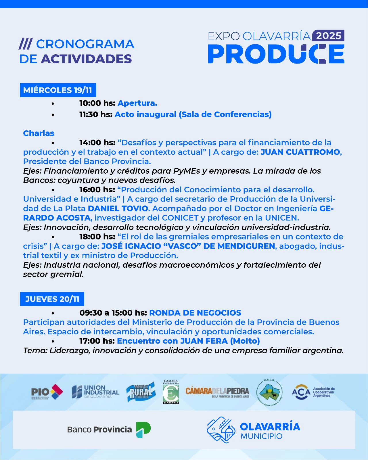 Expo Olavarría Produce: cronograma completo de actividades, ronda de negocios y charlas.