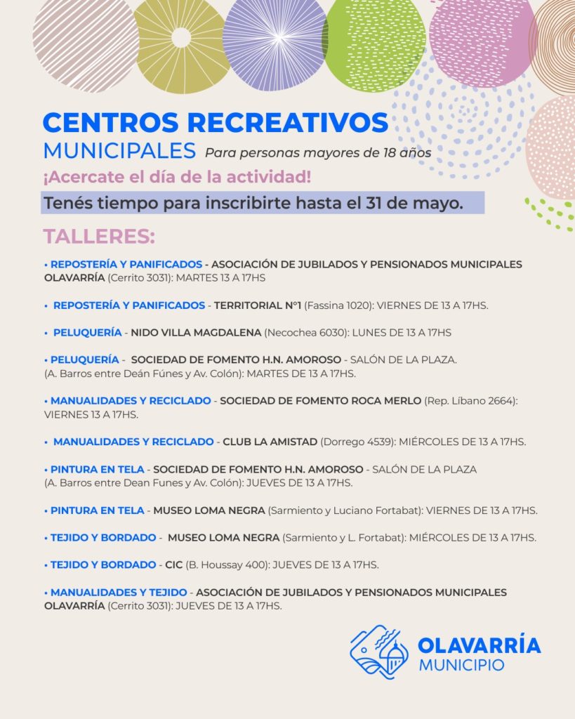 Sumate a los talleres de los Centros Recreativos Municipales.