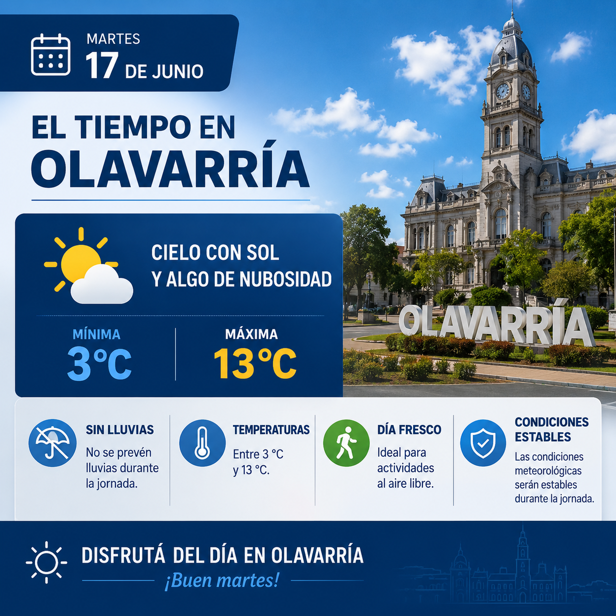 OLAVARRÍA TENDRÁ UN MIÉRCOLES FRÍO, PERO CON BUEN TIEMPO