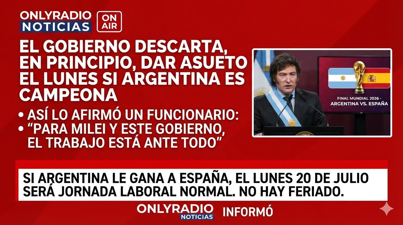 EL GOBIERNO NACIONAL DESCARTÓ, EN PRINCIPIO, OTORGAR UN ASUETO EL PRÓXIMO LUNES EN CASO DE QUE LA SELECCIÓN ARGENTINA SE CONSAGRE CAMPEONA DEL MUNDO.