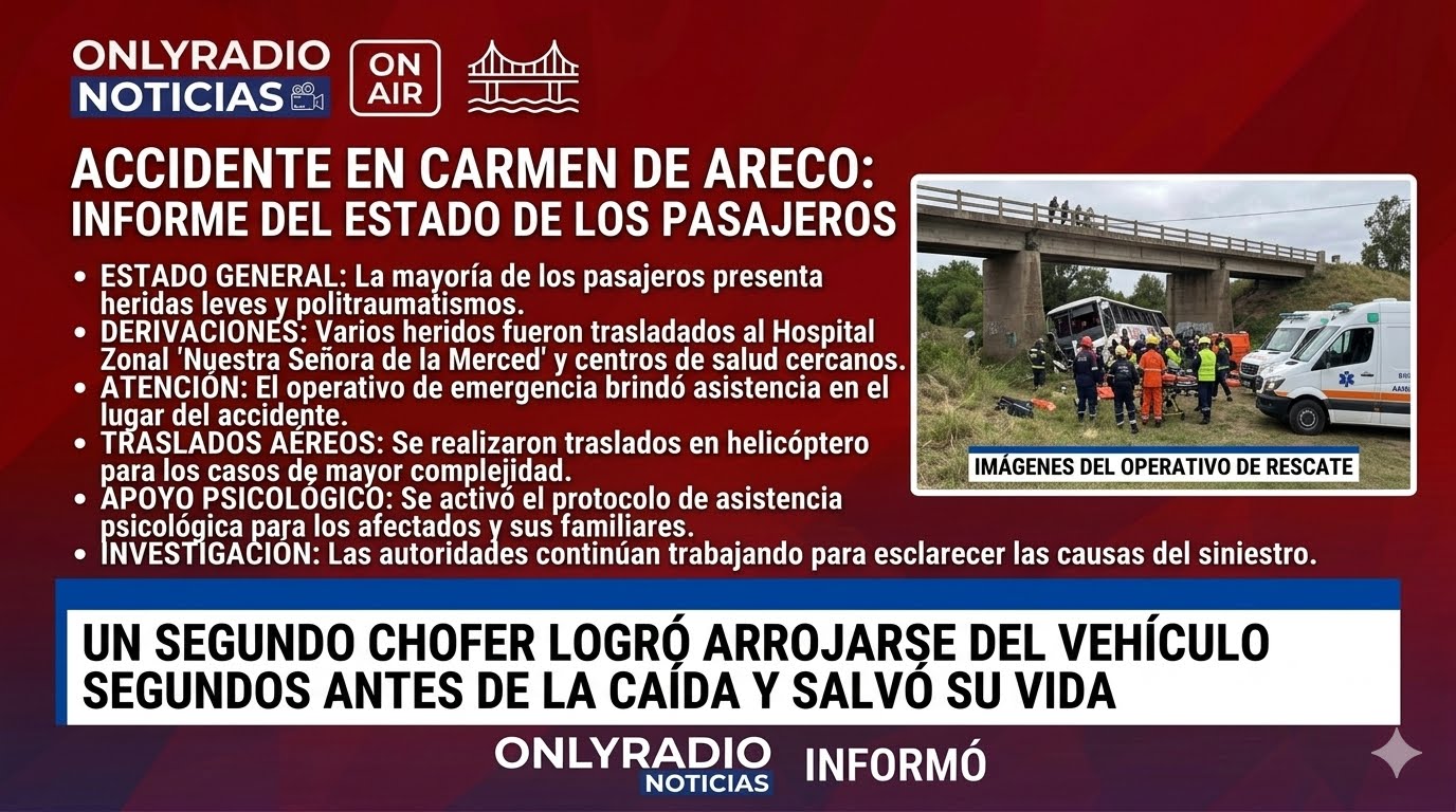 ACCIDENTE EN CARMEN DE ARECO UN CHOFER SALTÓ DEL COLECTIVO ANTES DE QUE CAYERA DE UN PUENTE