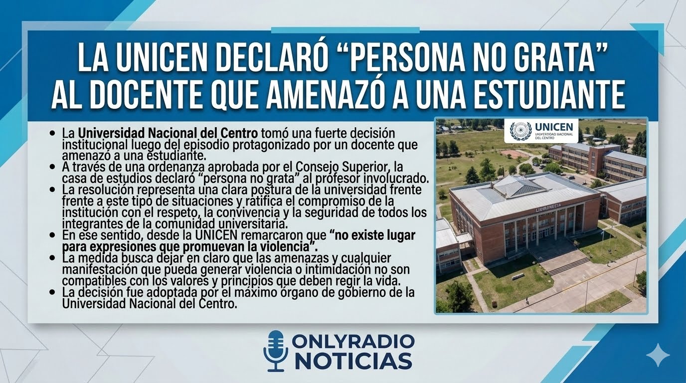 LA UNICEN DECLARÓ “PERSONA NO GRATA” AL DOCENTE QUE AMENAZÓ A UNA ESTUDIANTE.