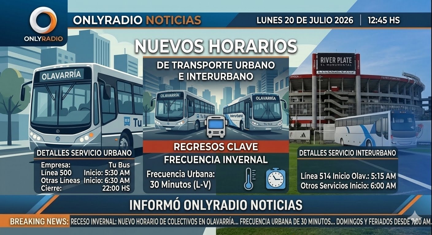 Nuevos horarios de colectivos en Olavarría por el receso invernalA partir de hoy, lunes 20 de julio de 2026