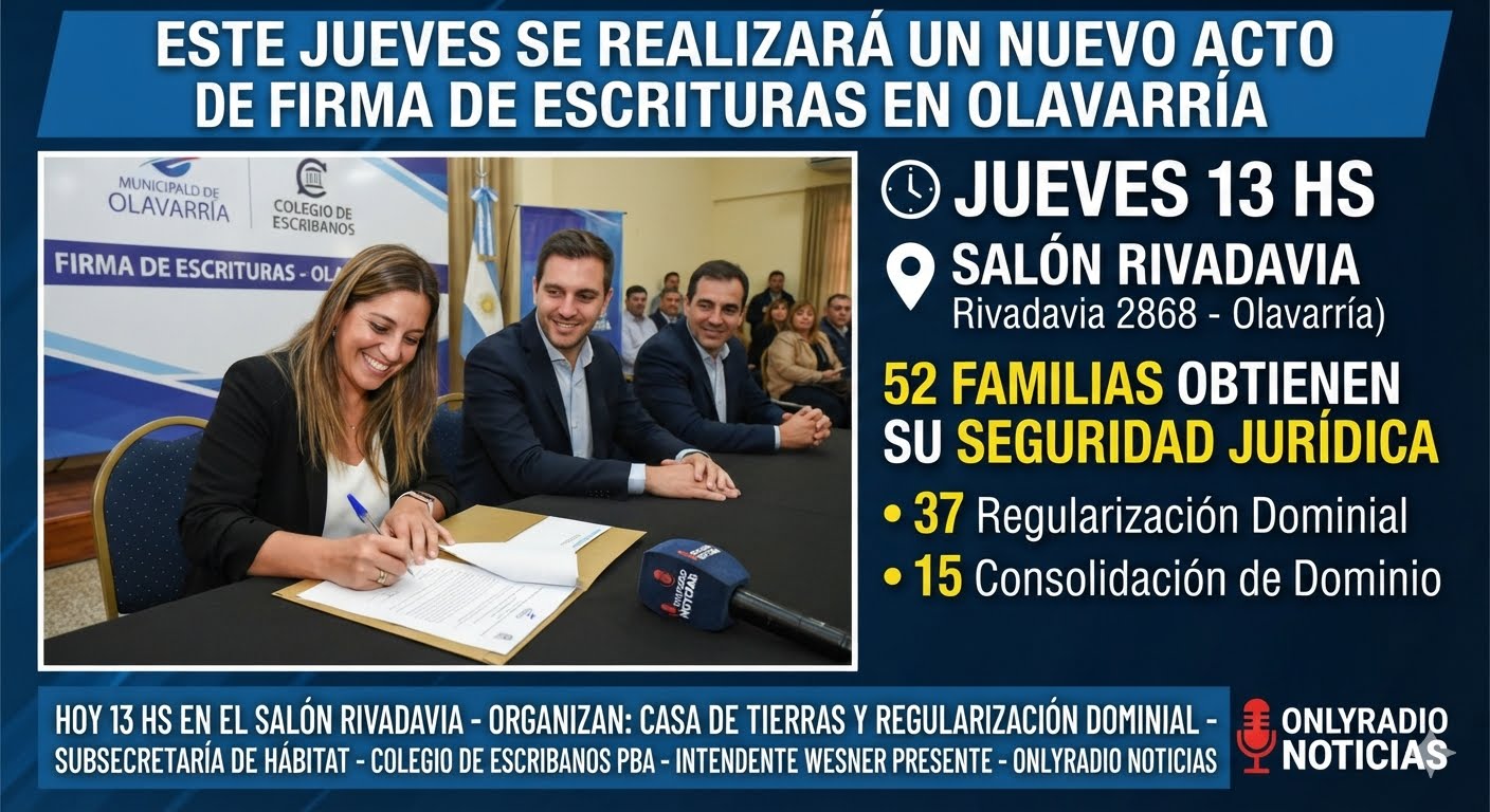 Este jueves se realizará un nuevo acto de firma de escrituras en Olavarría