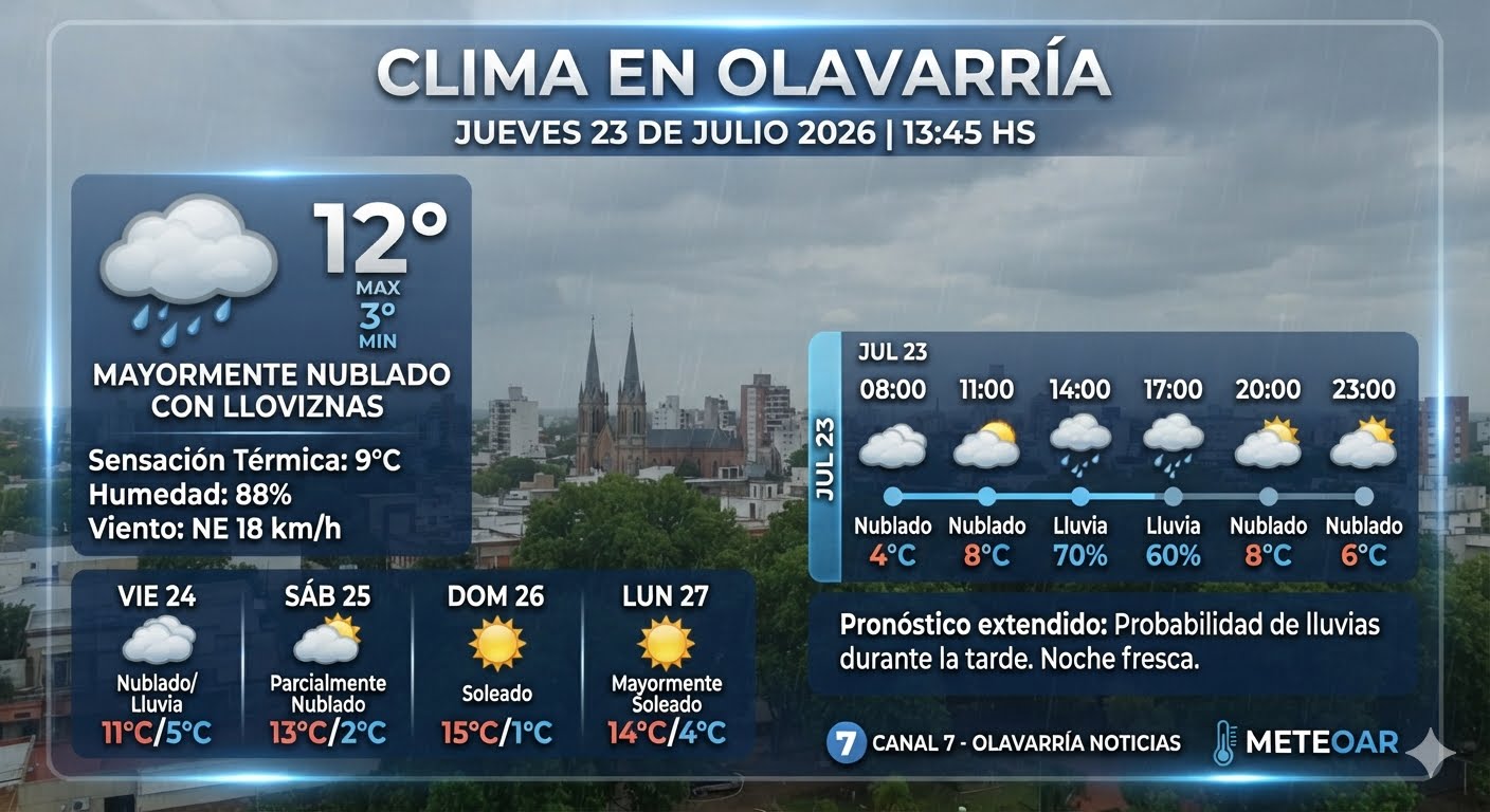 Hoy en Olavarría, el clima se presenta con un cielo cubierto la mayor parte del día, una temperatura máxima de 12°C y una mínima de 3°C.