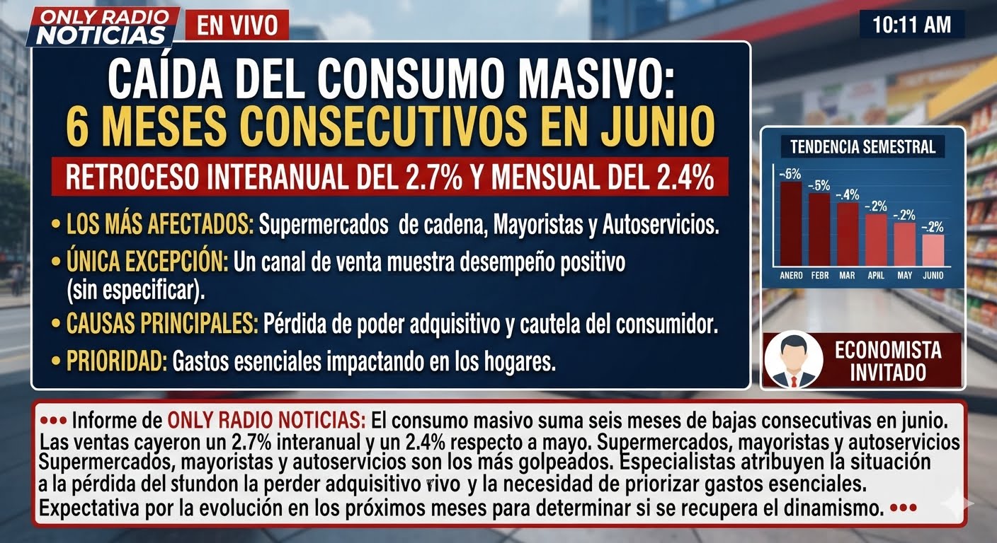 El consumo masivo volvió a caer en junio y ya suma seis meses consecutivos de bajas.