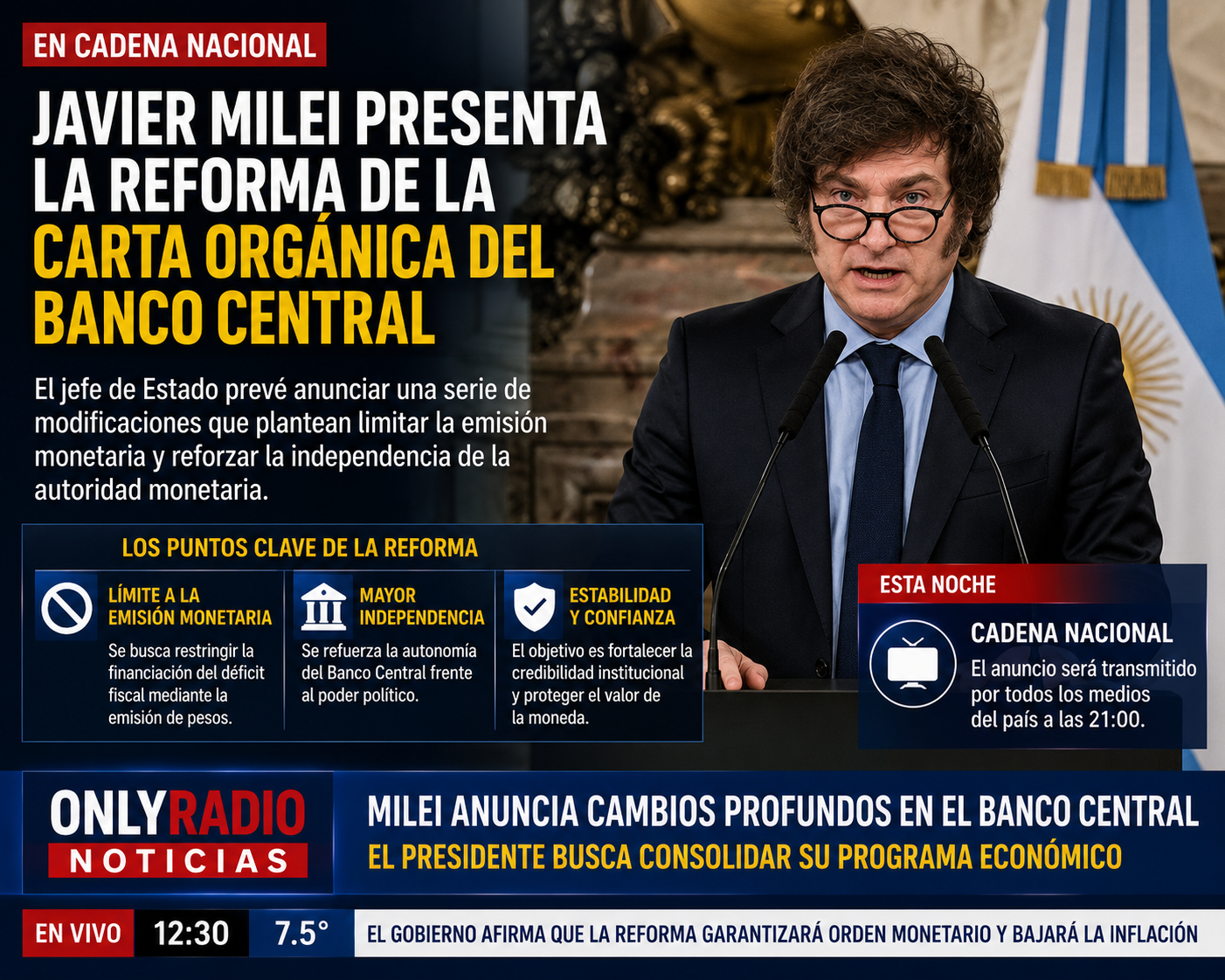 Javier Milei anunciará por cadena nacional la reforma de la Carta Orgánica del Banco Central.