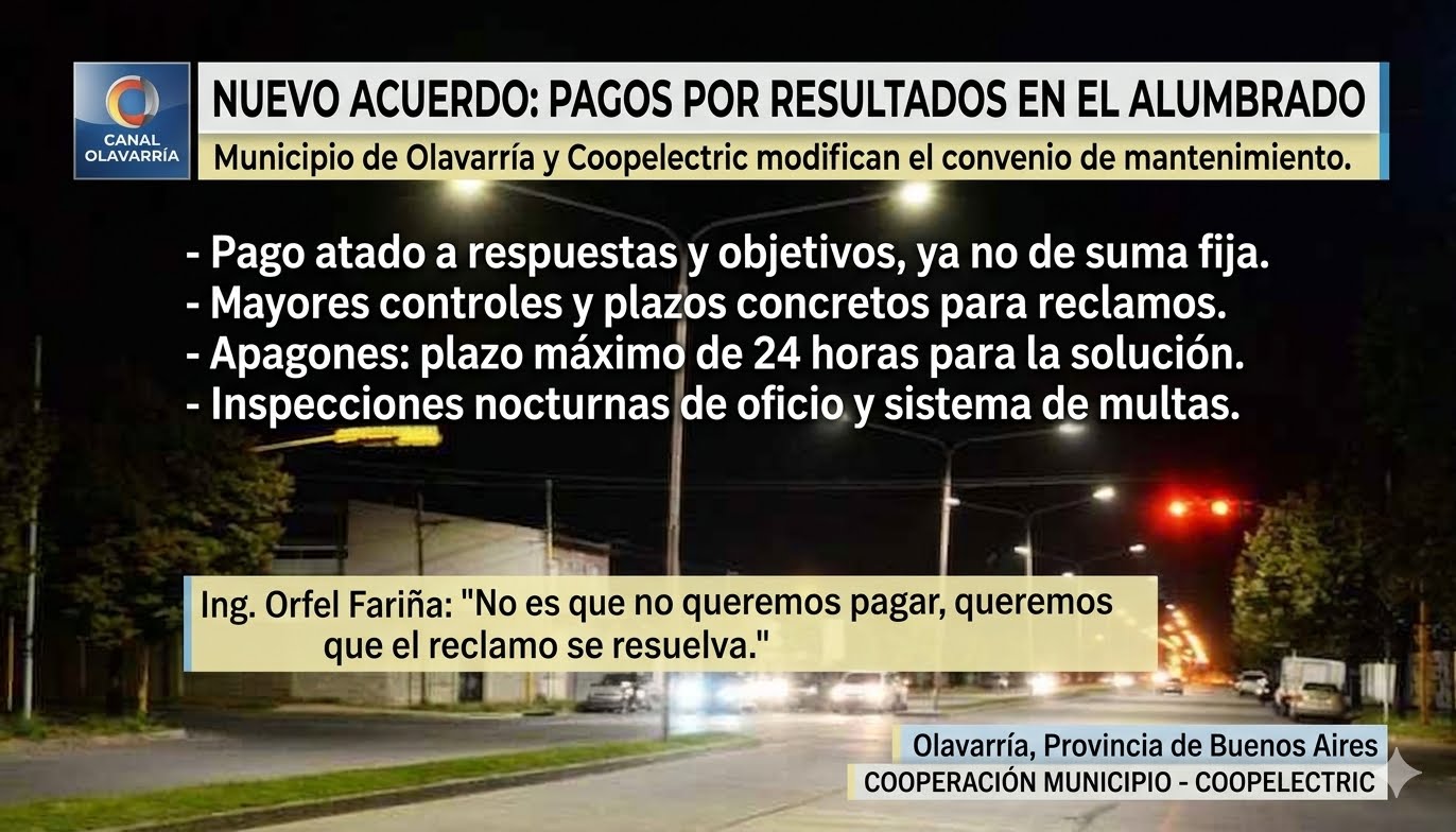 Nuevo acuerdo entre el Municipio y Coopelectric por el alumbrado público: pagos por resultados y más controles.