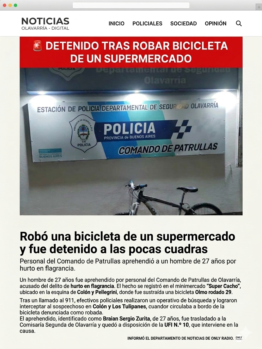 🚨 Robó una bicicleta de un supermercado y fue detenido a las pocas cuadras.
