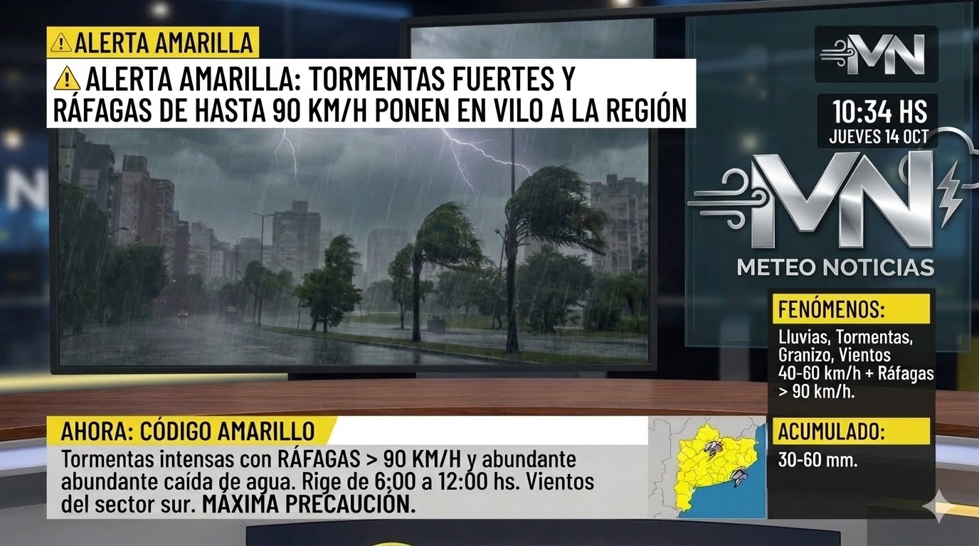 ⚠️ ALERTA AMARILLA: TORMENTAS FUERTES Y RÁFAGAS DE HASTA 90 KM/H PONEN EN VILO A LA REGIÓN.
