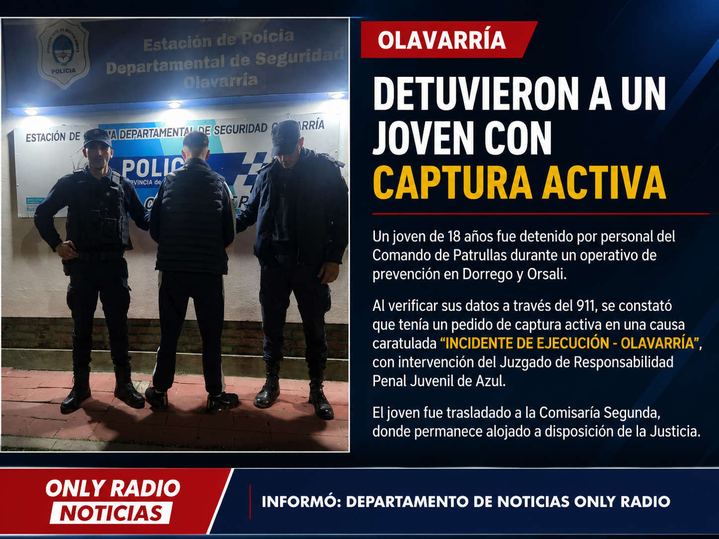 DETUVIERON A UN JOVEN CON CAPTURA ACTIVA EN OLAVARRÍA.