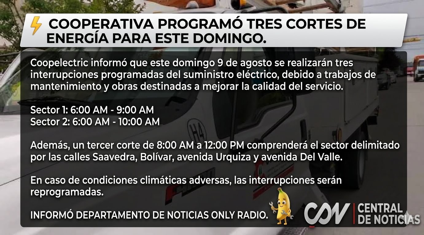 ⚡ COOPELETRIC PROGRAMÓ TRES CORTES DE ENERGÍA PARA ESTE DOMINGO.