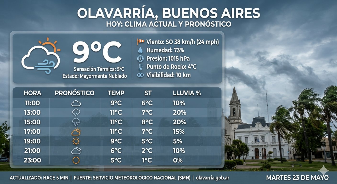🌦️ OLAVARRÍA: LUNES FRÍO, NUBLADO Y MUY VENTOSO