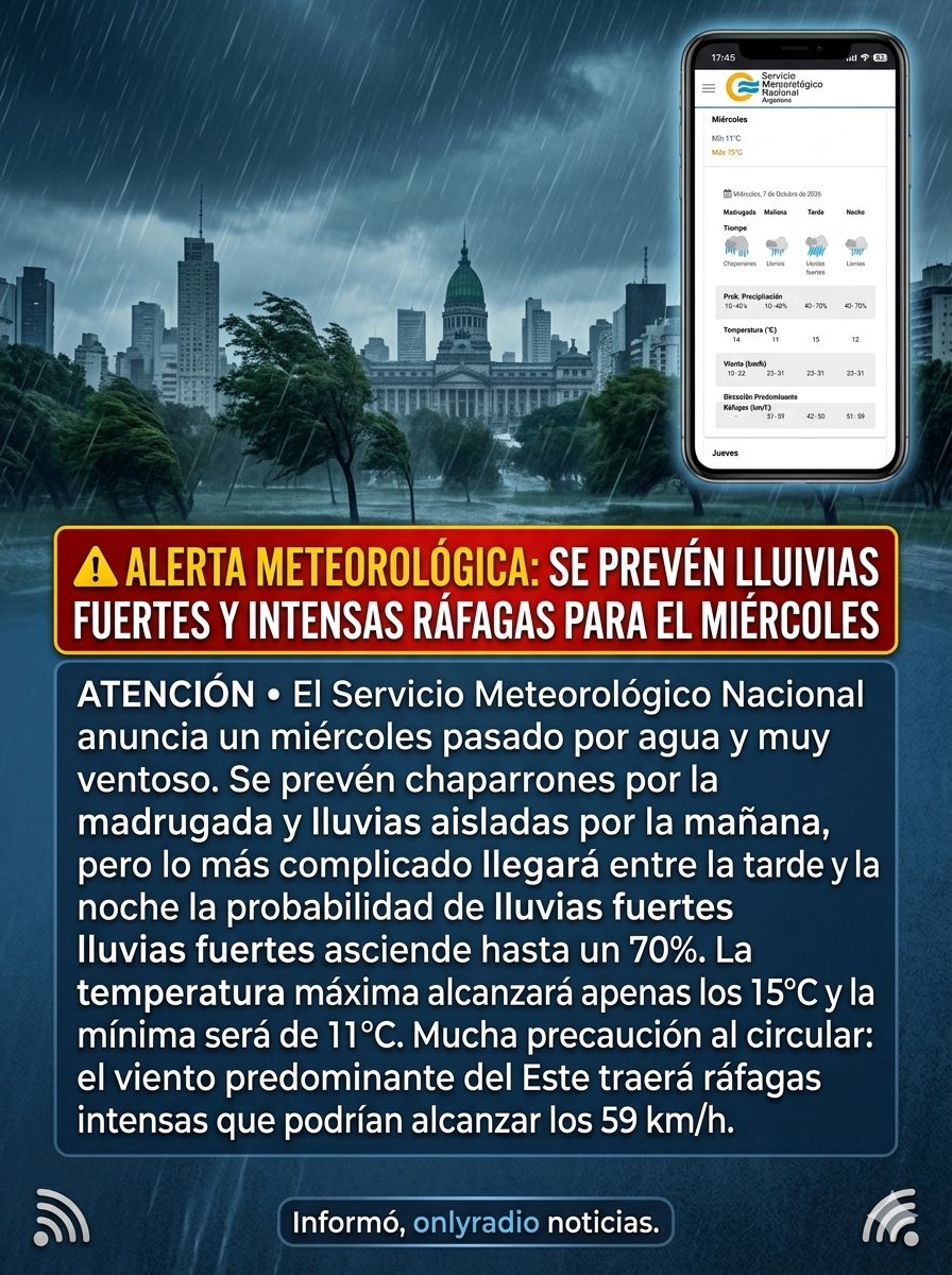 ALERTA METEOROLÓGICA: SE PREVÉN LLUVIAS FUERTES Y INTENSAS RÁFAGAS PARA EL MIÉRCOLES