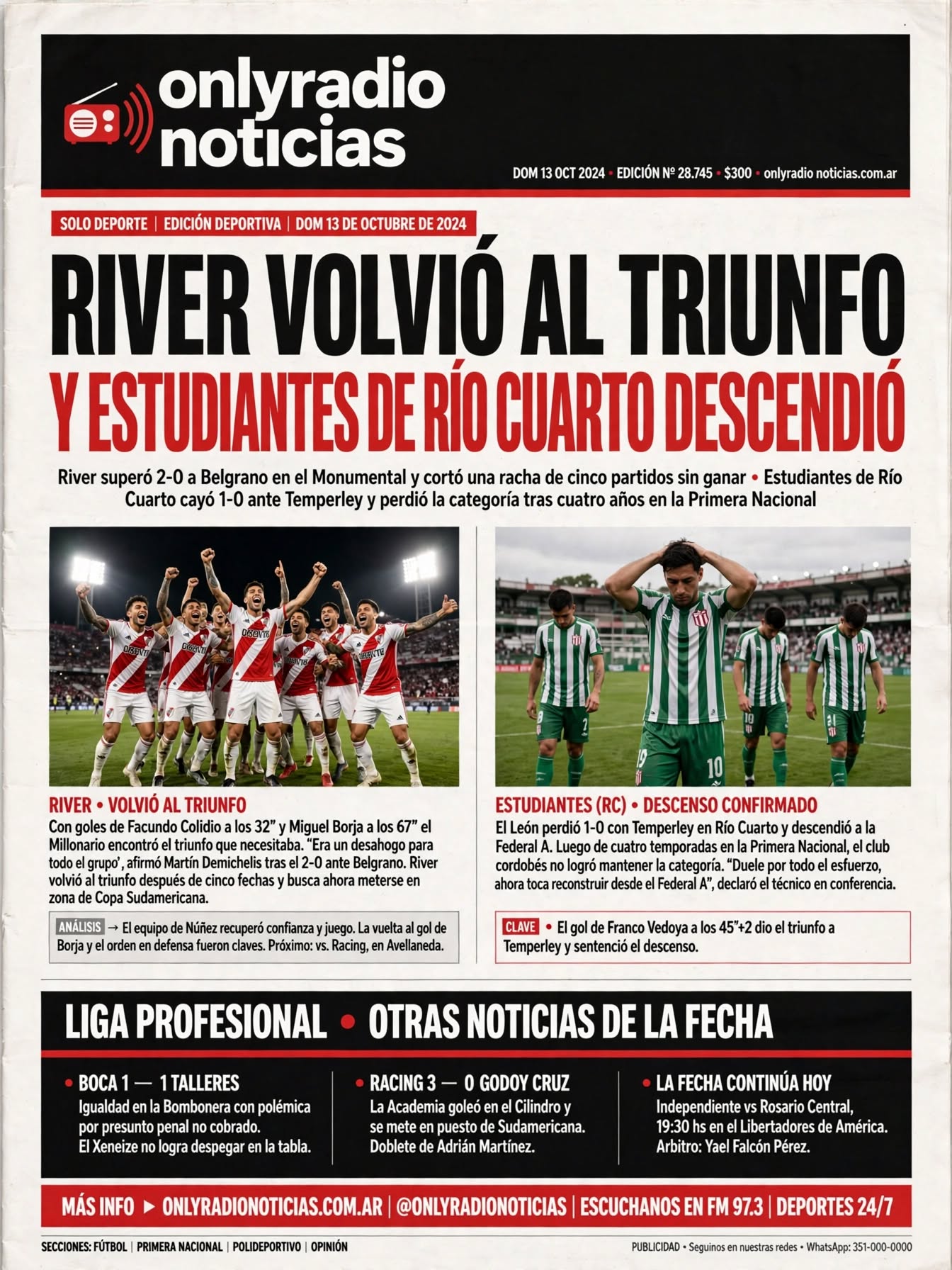 RIVER VOLVIÓ AL TRIUNFO Y ESTUDIANTES DE RÍO CUARTO DESCENDIÓ