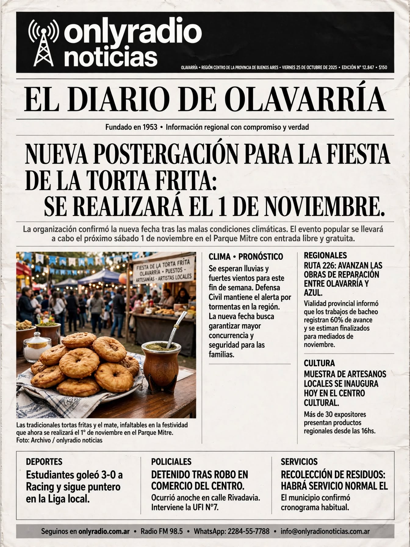 NUEVA POSTERGACIÓN PARA LA FIESTA DE LA TORTA FRITA: SE REALIZARÁ EL 1 DE NOVIEMBRE.