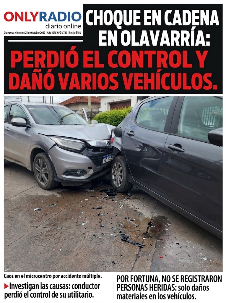 CHOQUE EN CADENA EN OLAVARRÍA: PERDIÓ EL CONTROL Y DAÑÓ VARIOS VEHÍCULOS.