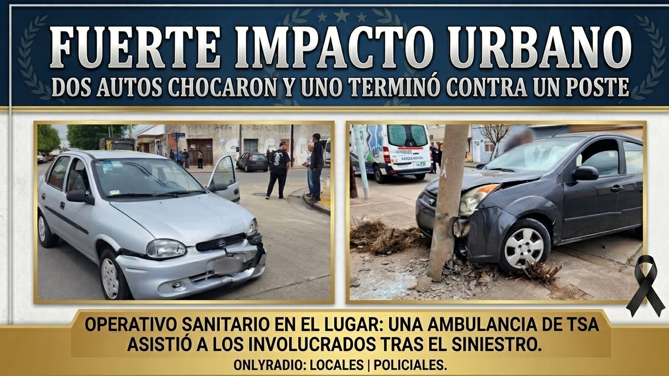 CHOQUE ENTRE DOS AUTOS: UNO TERMINÓ CONTRA UNA COLUMNA DE CONCRETO.